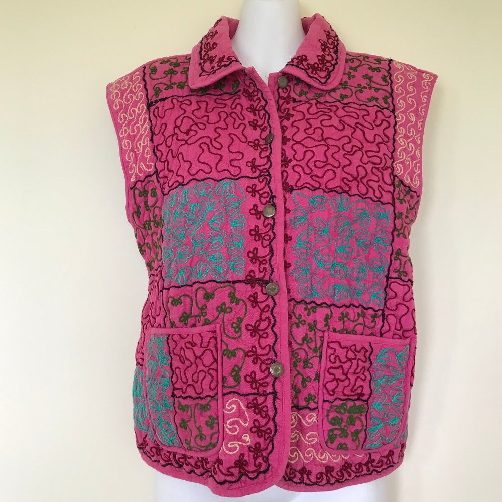 Quilted Vest with All Over Embroidery Design Pink with Pockets Size M/L